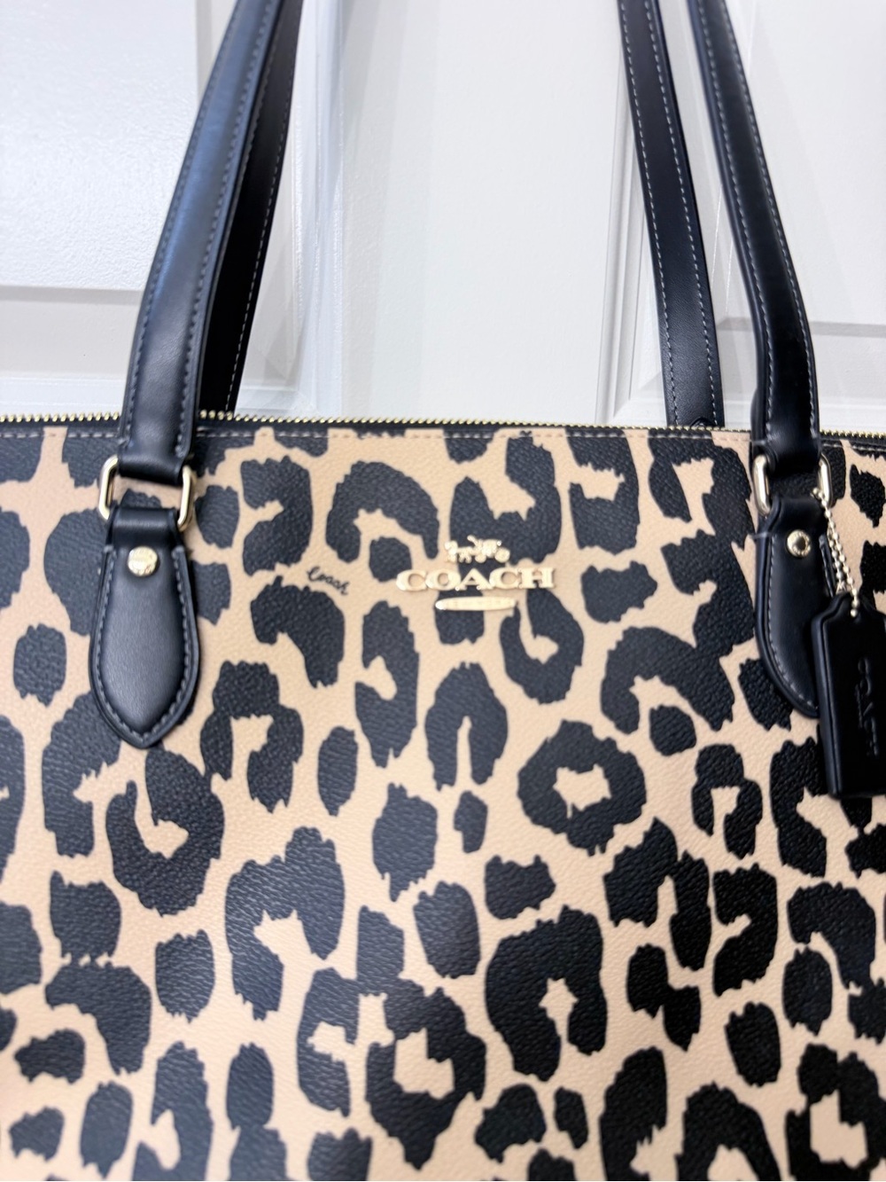 Coach Leopard-Print Leather Tote - Black & Beige